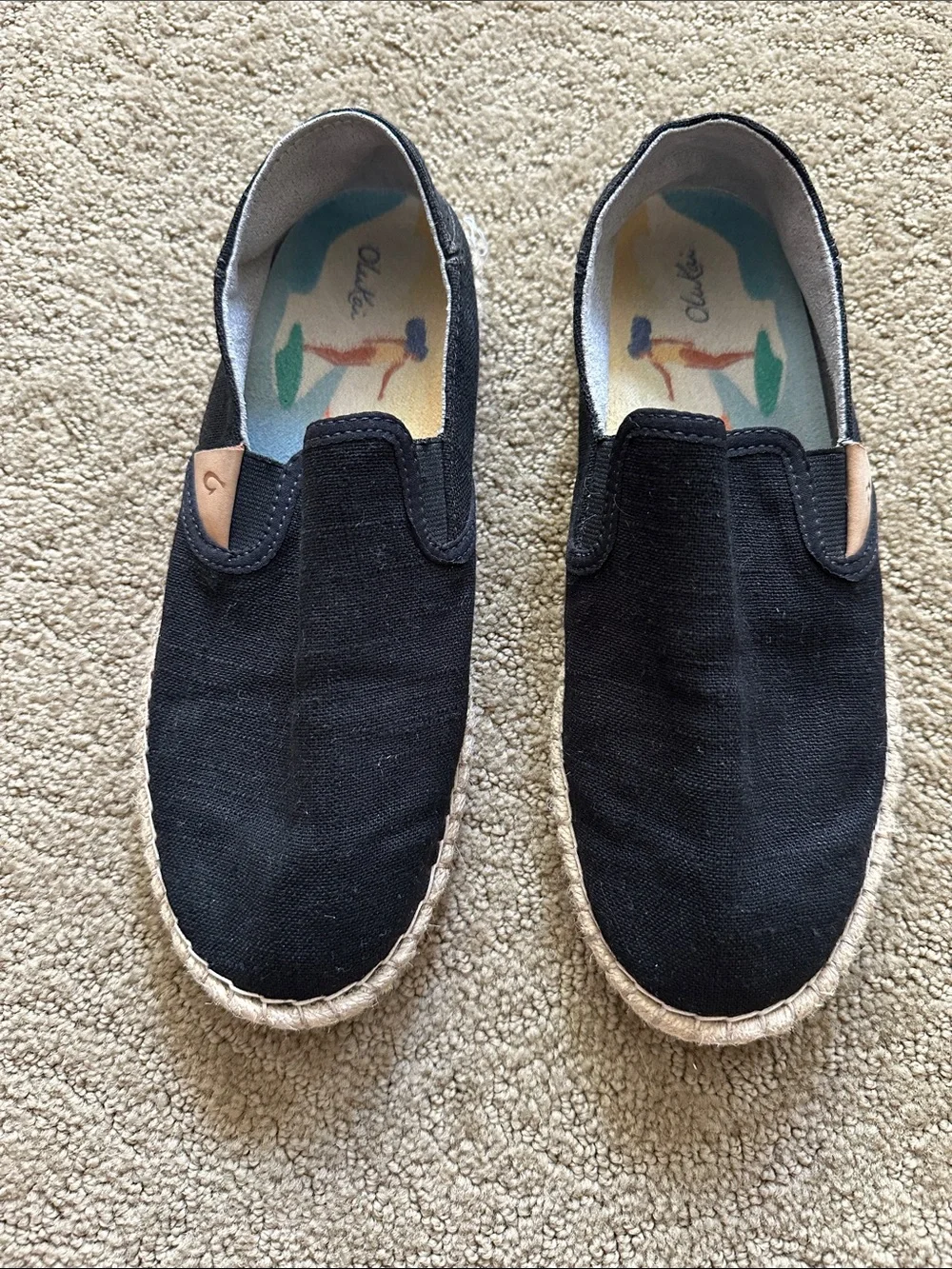 OluKai Women's Black Canvas Slip-On Espadrilles